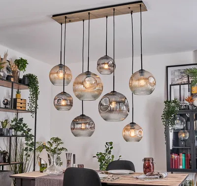 Produktbild von Villamare Hängelampe Metall/Holz/Riffelglas, Schwarz/Natur/Rauch/Bernstein/Klar