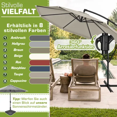 Produktbild von tillvex Sonnenschirm Taupe Ø 300 cm Ampelschirm Gartenschirm Marktschirm Kurbel Balkon Alu Neigbar