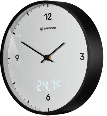 Obrázek produktu pro Bezdrátové nástěnné hodiny Bresser, 24 cm, LED displej, ukazatel teploty, tichý chod, signál DCF, pohybový senzor, světelný senzor, moderní design