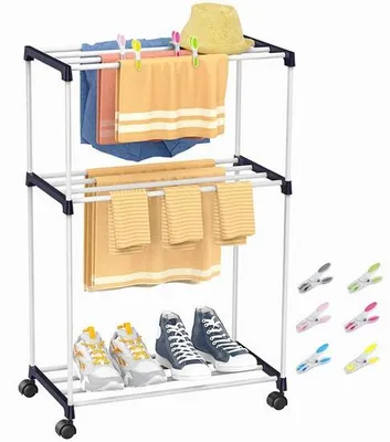 Image de Petit porte-serviettes sur pied, séchoir à linge peu encombrant avec roulettes, séchoir à linge pour appartements, salles de bains et buanderies, 3 niveaux