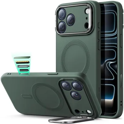 Image de Coque en silicone avec support et contrôle de l'appareil photo pour iPhone 17 Pro Max, compatible MagSafe, couleur verte