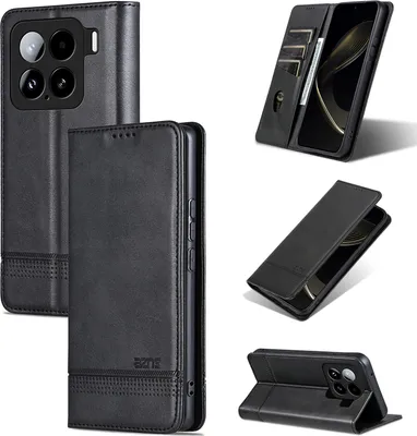 Image de Etui en cuir pour Xiaomi 15, étui portefeuille pliable avec fermeture magnétique et support noir