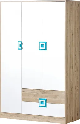 Produktbild von Furniture24 Kleiderschrank NICO 01, 3 Türiger Drehtürenschrank, Schrank mit 2 Schubfächern, 4 Einlegeboden und Kleiderstange Hell Eiche/Weiß/Türkis