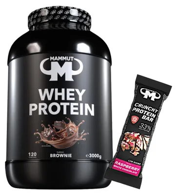 Produktbild von Mammut Nutrition - Whey Protein 3000 g Dose - 120 Portionen Eiweiß + GRATIS Protein Bar (Raspberry White Chocolate), Geschmack: Brownie