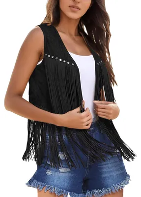 Imagen del producto de Cárdigan de mujer con flecos, efecto cuero, color negro