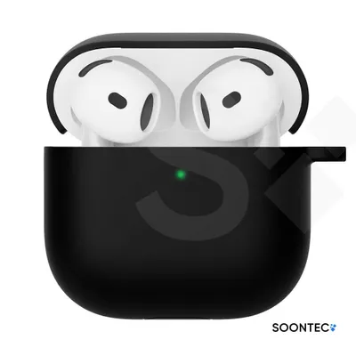 A black protective case for AirPods with the AirPods inside.