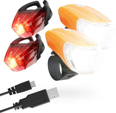 Produktbild von ABSINA 2x LED Fahrradlicht Set USB aufladbar - 100m Reichweite, 180 Lumen & 50 Lux - Fahrradbeleuchtung Set StVZO zugelassen