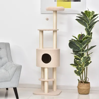 Produktbild von Sweiko Kratzbaum 148 cm hoch Katzenbaum mit Höhle, 4 Spielzeuge, Sisalstämme, große Plattform, mehrstöckig für Katzen bis 5 kg