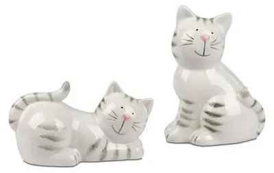Produktbild von 2er Set Dekofiguren Katzen sitzend und liegend weiß grau 17cm