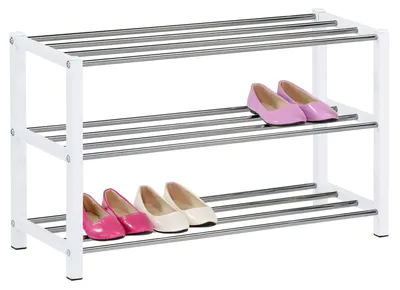 Produktbild von Schuhregal DUBLIN mit 3 Ablagen in weiß. Robuste Schuhablage mit Metallrahmen, edel verchromt. Ideal für Flur und Diele.