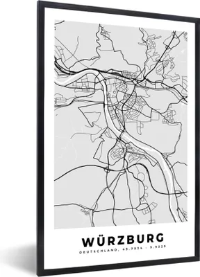 Produktbild von MuchoWow® Gerahmtes Poster Deutschland - Stadtplan - Würzburg - Karte 20x30 cm - Poster mit Schwarzem Bilderrahmen Wandposter Rahmen Foto Bilder - Drucken - Bilder Poster im Rahmen