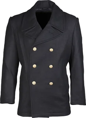 A dark blue double-breasted coat with gold buttons.