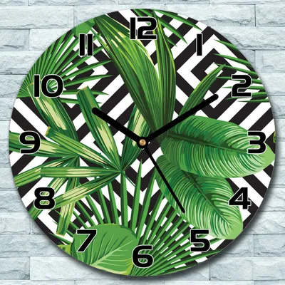 Produktbild von Wanduhr aus Glas Rund fi 30 Tropische Blätter Quarz Deko Schlafzimmer Büro