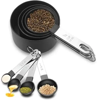 Produktbild von PolkaHome® 8-teiliges Messbecher- und Löffelset – Edelstahlgriff – multifunktionale Messlöffel für Kochen und Backen – Schwarz