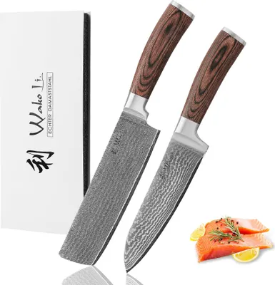 Produktbild von Wakoli Edib Damastmesser-Set – Santoku (17 cm) & Nakiri (17,5 cm) Messer mit 67 Lagen Damaststahl & VG10 Kern | Profi-Küchenmesser mit Pakkaholzgriff in Geschenkbox