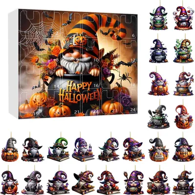 Produktbild von Halloween-Gnom-Adventskalender 2025, 2D-Acryl-Hängeornamente, 24-Tage-Countdown-Kalender für die Weihnachtsdekoration