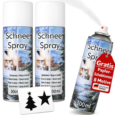 Three cans of snow spray and two stencils are displayed against a white background. One can is shown spraying.
