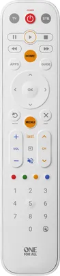 A white universal remote control is shown against a white background.