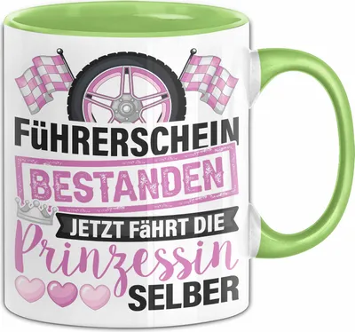 Produktbild von Führerschein Bestanden Geschenk Tasse Bestandener Führerschein Jetzt Fährt Die Prinzessin Selber Motorrad Fahrschule Kaffee-Becher (Grün)