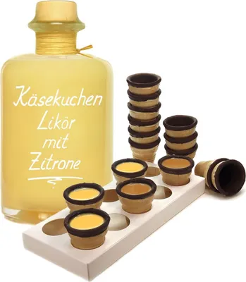 Produktbild von Käsekuchen Likör mit Zitrone 0,7L mit 8 Waffelbechern & Becherhalter 16% Vol. Saulecker!