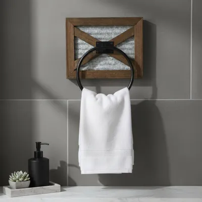 Immagine prodotto di Mucola Portasciugamani Anello per asciugamani MarronePortasciugamani rotondo Vintage Portasciugamani in legno massiccio Grigio zincato Consolle per lavabo
