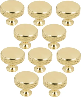 Zdjęcie produktu dla zestaw 10 eleganckich złotych gałek meblowych wykonanych z aluminium, okrągłych, matowych - średnica 3 cm, idealnych do szafek i szuflad, trwałych i stylowych.