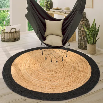 Produktbild von Teppich Rund Wohnzimmer Jute Boho Ethno Muster Modern Handgefertigt Naturteppich Grösse 120 cm Rund