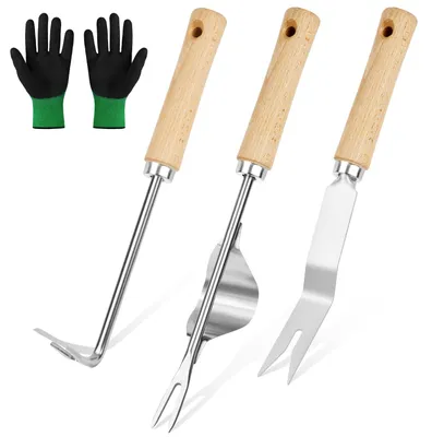 Productafbeelding van 3 stuks roestvrijstalen handonkruidgereedschap met handschoenen