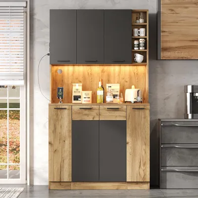 Produktbild von Merax Vitrine Küchenschrank mit LED, Hochschrank mit Steckdose, Küchenregal mit Gewürzregal, Weinregal, 4-stufiger Auszug, Wohnzimmer, Schwarz + Natur