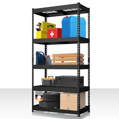 Produktbild von Schwerlastregal Schwarz Yukon Rivet, 180 x 90 x 45 cm, Stahlregal mit Gitterböden, 250 kg Tragkraft je Etage, Lagerregal mit 5 Etagen, Regal Keller