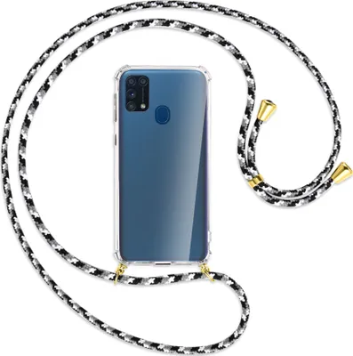 Produktbild von Handykette Backcover-Schutzhülle mit Band (Metall goldfarben) für Samsung Galaxy M31 - schwarz/grau/weiß