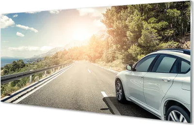 Produktbild von Glasbilder 100x50 Wandkunst Berge Wolken Auto Straßenbaum
