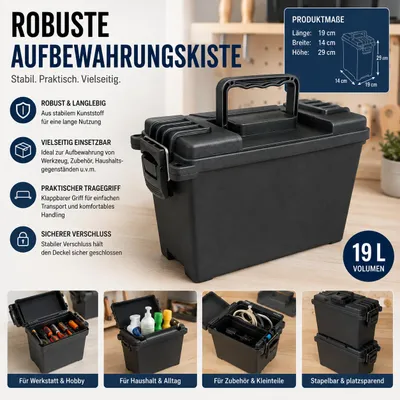 Produktbild von Robuste Aufbewahrungskiste aus Kunststoff 19 × 14 × 29 cm – Stapelbare Kunststoffbox mit Tragegriff & Verschluss – Schwarz, KI-generiertes Bild