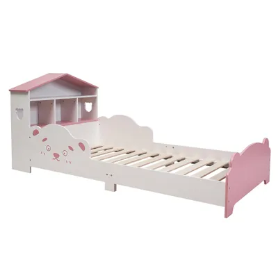 Produktbild von Hausform Kinderbett Weiß-Rosa mit Bücherregal, Rausfallschutz & Lattenrost, süßes Tiermotiv Juniorbett, Gesamtmaße 160,5×75×65 cm, geeignet für Matrat