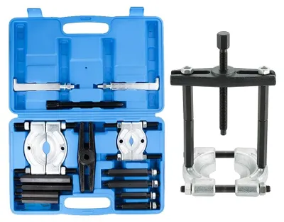 Imagen del producto de Juego de extractores de rodamientos, con capacidad de 5 toneladas, mordazas de 2" y 3", fabricado en acero de alta resistencia, incluye horquilla de 6", compatible con diversos vehículos