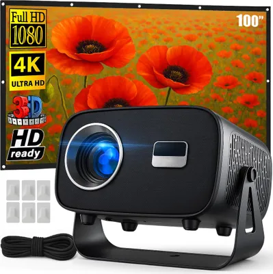 Zdjęcie produktu dla Przenośny inteligentny projektor wideo + antyodblaskowy ekran projekcyjny, Linomag®, Android 11.0, 4000 lumenów, AirPlay/Miracast, obsługa 1080p, WLAN 2,4 GHz/5 GHz, Bluetooth 5.2, 100 cali, projekcja przód/tył, format 16:9