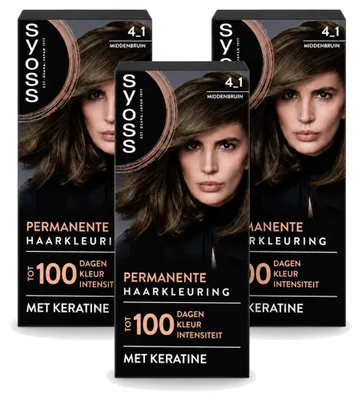 Produktbild von 3 x SYOSS Permanente Haarkleuring 4-1 Mittelbraun mit Keratin - Vorteilspackung - 3 Stücke