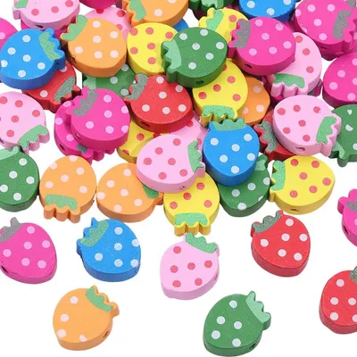 60 Holzerdbeerenperlen mit Loch, bunt, für DIY Schmuck