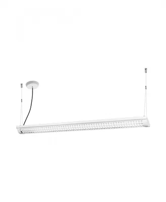 A white linear LED light fixture suspended from the ceiling by thin wires.
