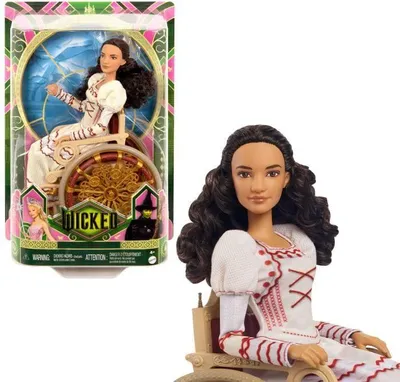 Obrázok produktu pre Bábika Nessarose Wicked, oblečenie a doplnky, zlatý invalidný vozík, hnedé kučeravé vlasy, HXY36