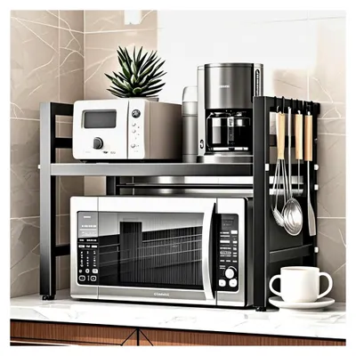 Produktbild von Mikrowellenregal, 2-stufiger Küchenständer, 40-64 cm erweiterbares Küchenregal für die Arbeitsplatte, Küchenaufbewahrung mit 6 Haken, Schwarz