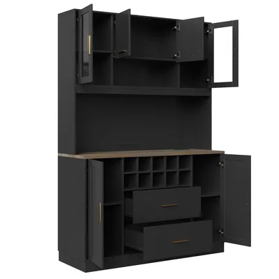 Produktbild von Flieks Küche Hochschrank mit Led, Küchenbuffet Buffetschrank mit Usb und Steckdose, Küchenschrank mit Stauraum, 120x36.3x180cm, Schwarz