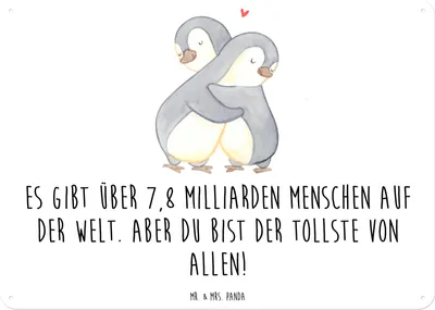 Produktbild von Mr. & Mrs. Panda Wandbild Pinguine Kuscheln DIN A6 - Weiß - Geschenk, Metallschild, Schild, für Freundin, Blechschild, Frauen, Valentinstag, Hochzeitstag, Partner, tafel