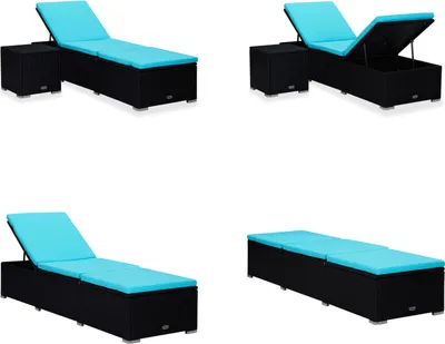 Immagine prodotto di vidaXL Lettino prendisole con cuscino e tavolino da tè in rattan blu - Lettino prendisole - Lettini da giardino - Lettini da giardino