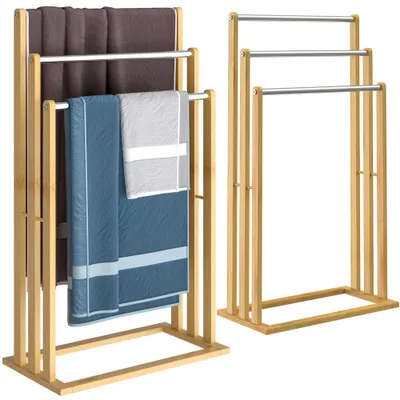 Produktbild von CASARIA® 2er Set Handtuchständer Freistehend Bambus Holz 84 x 46 x 24 cm 3 Edelstahl Stangen Handtuchhalter Stehend mit Ablage Handtuchstange Bad Ohne Bohren