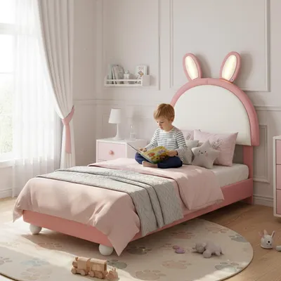Produktbild von Polsterbett 90x200 cm Kinderbett mit LED-Lichtleiste & Hasen-Kopfteil, hochwertiges Einzelbett aus Kunstleder, Antikollisionsschutz, stabil & platzsparend, Rosa/Weiß