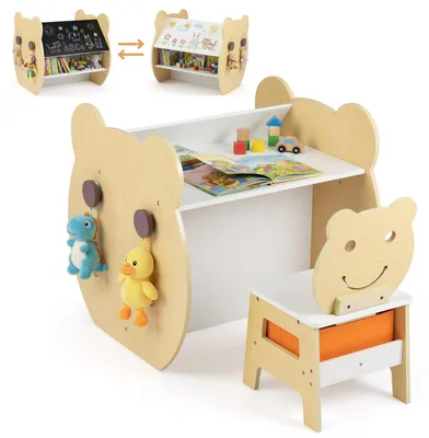 Produktbild von KOMFOTTEU Kindertisch und -stuhl Set, 3 in 1 Aktivitäts-Tisch Set mit Stauraum, Haken, wendbarer Whiteboard- und Kreidetafel, Stoffschublade, Kunsttisch Set für Jungen und Mädchen 3-10 Jahren