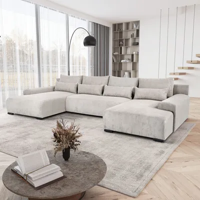 Produktbild von beautysofa Ecksofa BENNY, Hellbeige, U-Form, Schlaffunktion mit Bettkasten, VELO-Gewebe, B350xH85xT186cm, Sitzhöhe 40cm, Liegefläche 295x135cm, Ausziehmechanismus auf Rollen, Nanoblock-Nanotechnologie