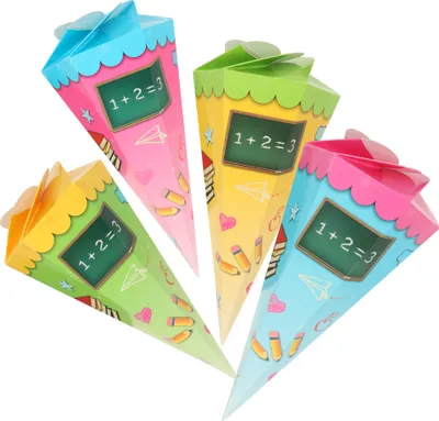 Produktbild von com-four® 4x Schultüte 30cm, Geschwisterschultüten aus Pappe, faltbare Zuckertüte für die Einschulung zum Schulanfang, Geschenkverpackung für Schulanfänger