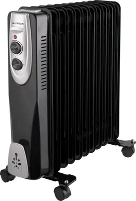 A black oil-filled radiator heater with silver controls and wheels, shown against a white background.